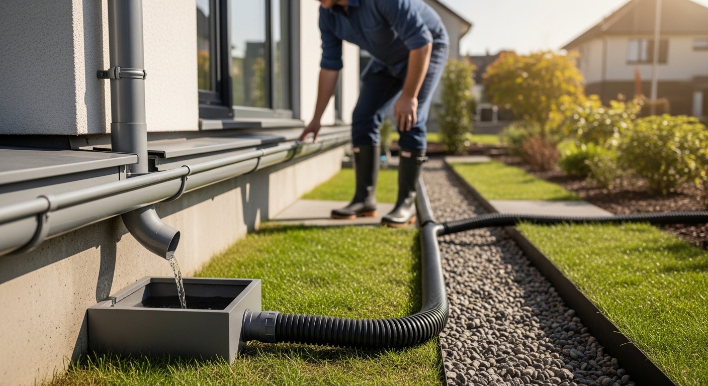 Casa urbana com calhas e tubo corrugado de drenagem pluvial após chuva.
