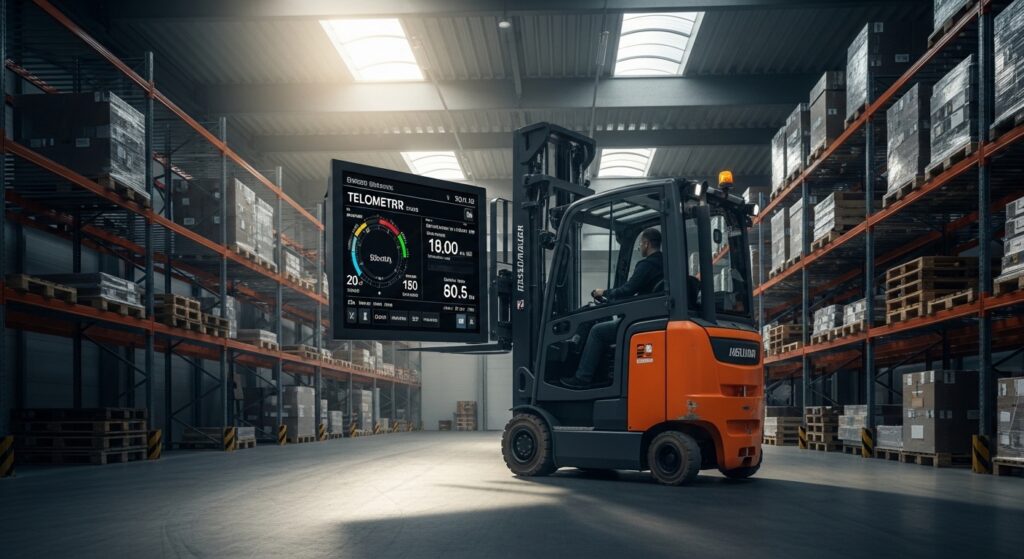 Empilhadeira moderna movendo paletes em depósito bem iluminado