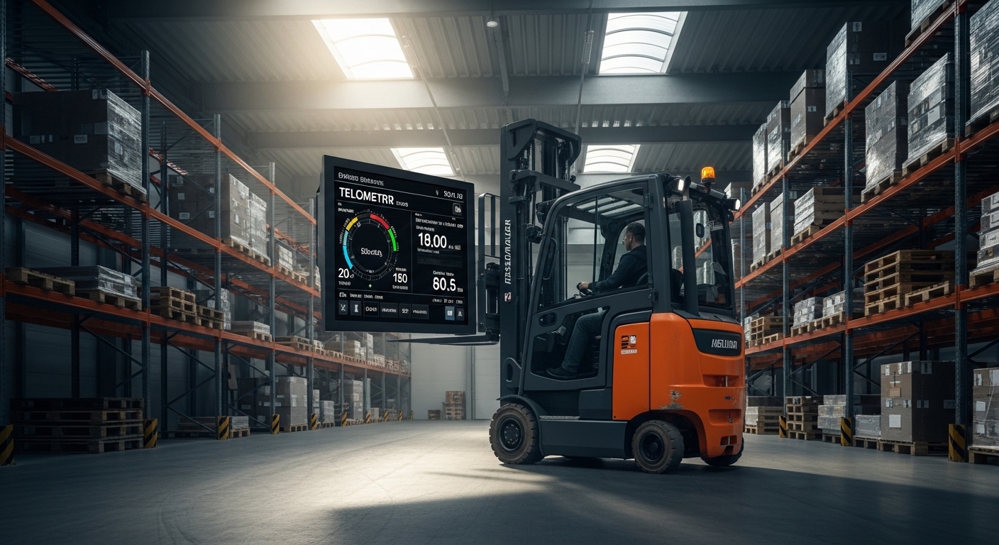 Empilhadeira moderna movendo paletes em depósito bem iluminado