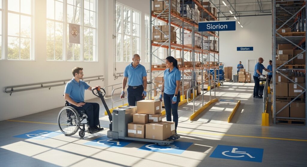 trabalhador em cadeira de rodas usando transpaleta elétrica em armazém acessível