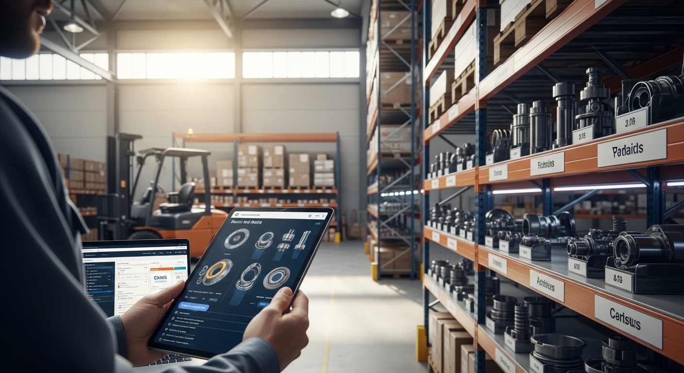 Técnico usando tablet para manutenção de empilhadeira em armazém inteligente