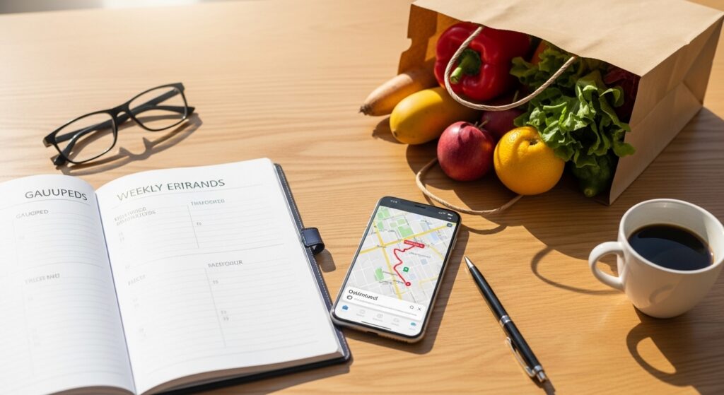 Mesa com planner, smartphone e sacola de supermercado organizada