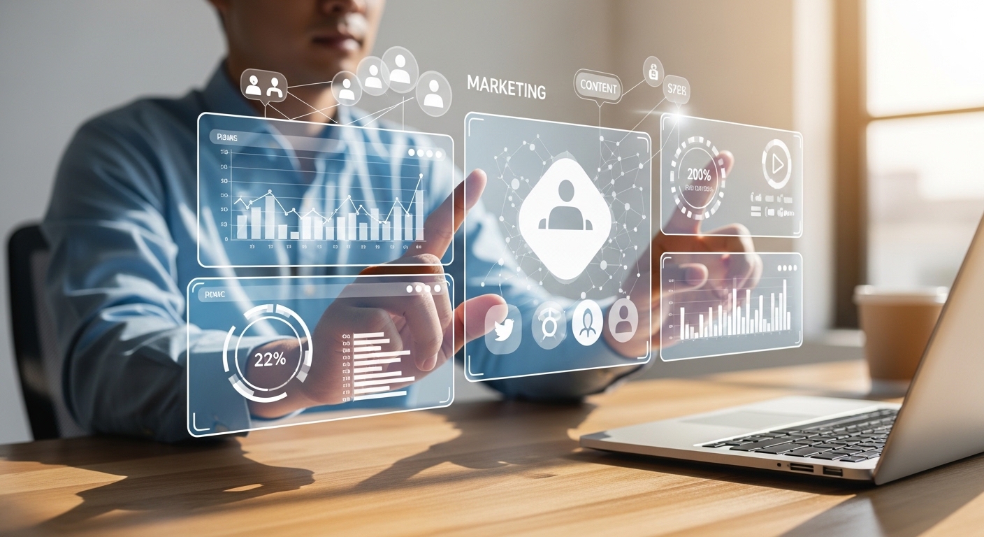 Profissional de marketing interage com telas digitais flutuantes exibindo dados e gráficos