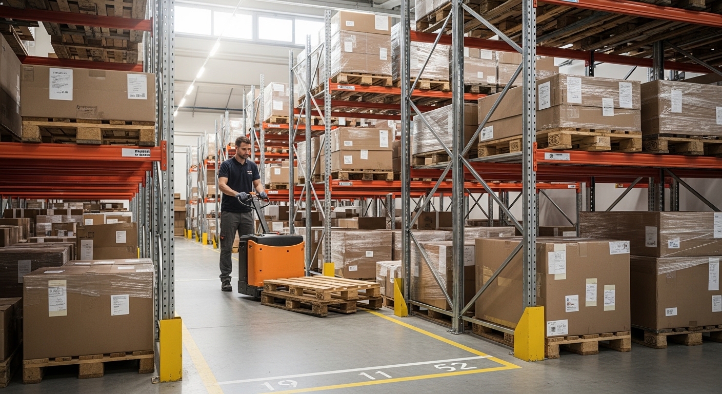 Funcionário usando transpaleta elétrica em armazém organizado