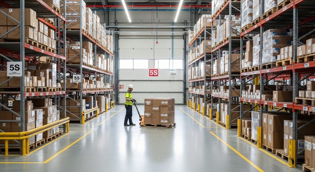 Operário usando transpaleteira em galpão organizado com demarcações de fluxo