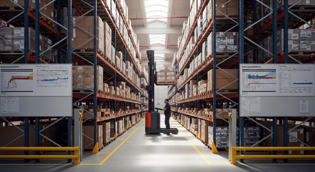 Empilhadeira retrátil em corredor estreito de armazém organizado