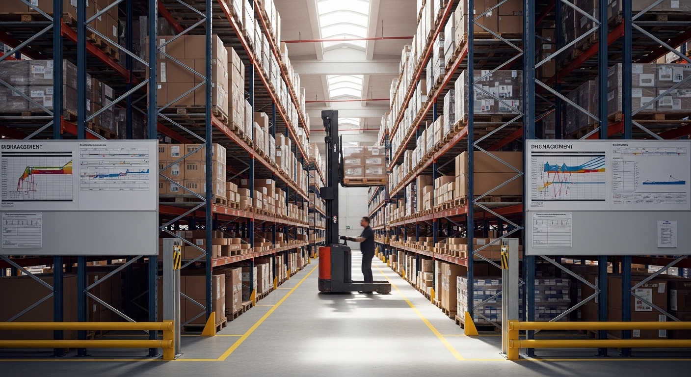 Empilhadeira retrátil em corredor estreito de armazém organizado