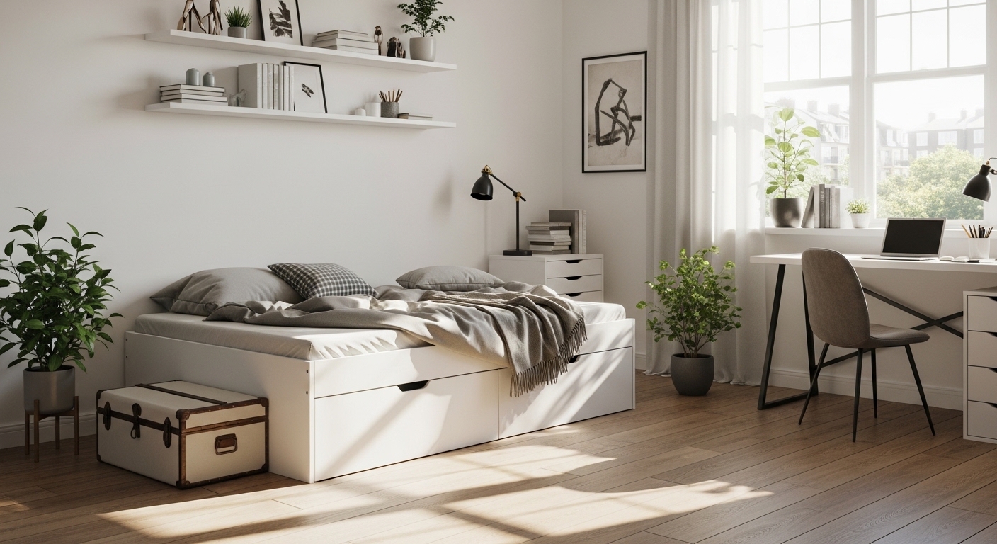 Quarto moderno organizado com cama baú e móveis inteligentes