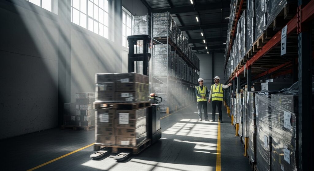 Transpaleta elétrica em corredor estreito de armazém organizado