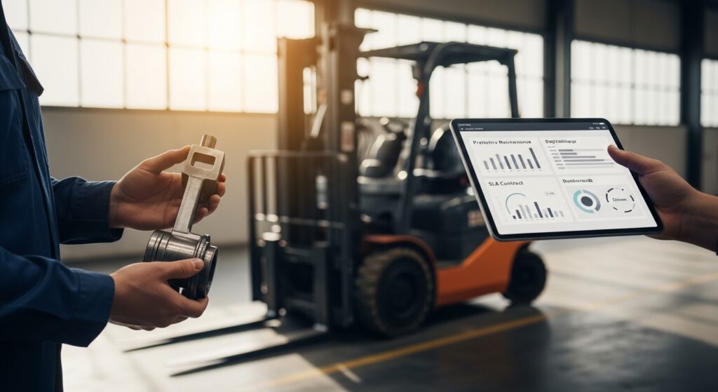 Técnico de manutenção em armazém com peça de empilhadeira e tablet exibindo dados