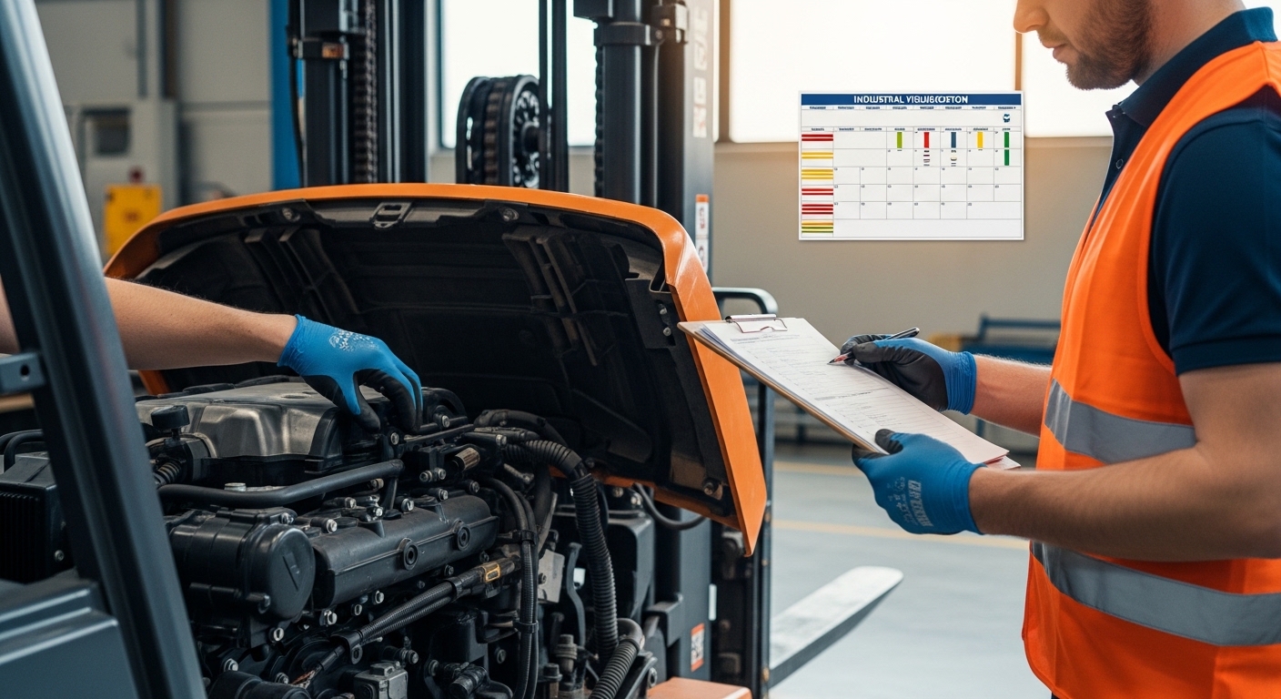 Técnico inspecionando manutenção de empilhadeira em armazém