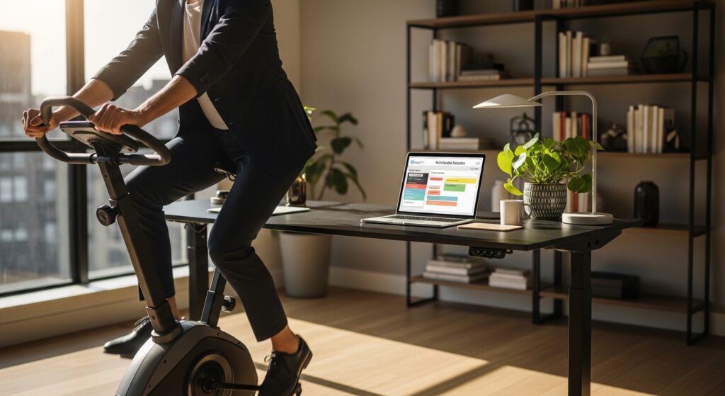 Profissional pedalando em bicicleta ergométrica ao lado da mesa de home office
