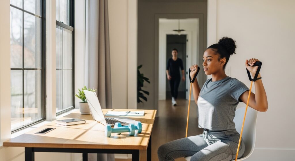 Profissional fazendo micro-pausa ativa com halteres e faixa elástica em home office