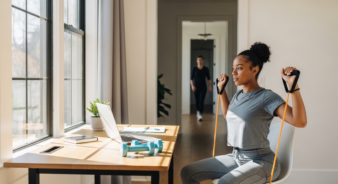 Profissional fazendo micro-pausa ativa com halteres e faixa elástica em home office