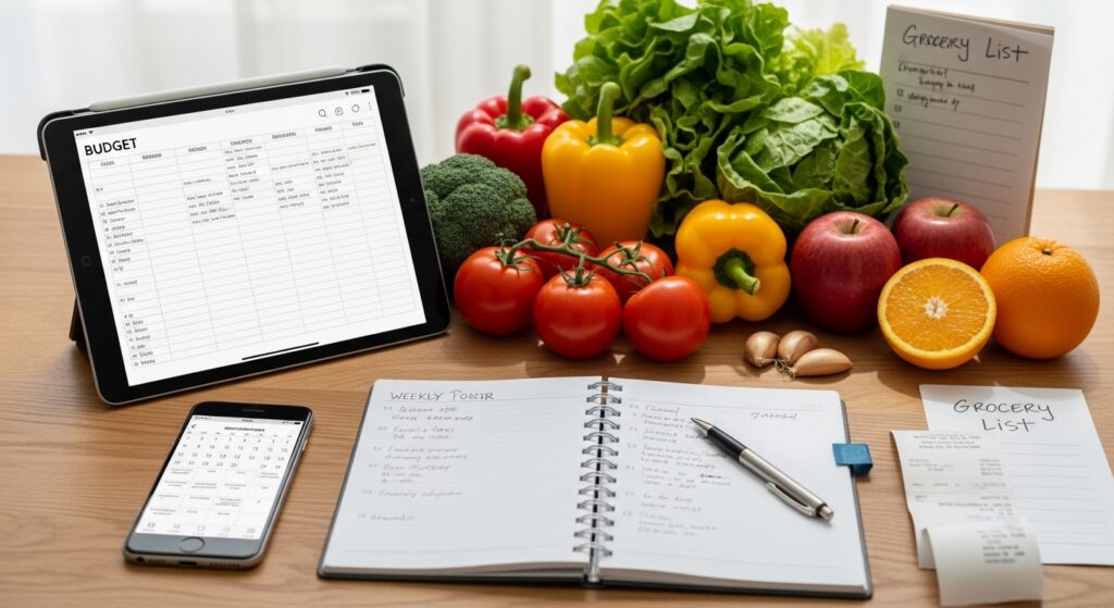 Mesa organizada com planejamento semanal, lista de compras e orçamento