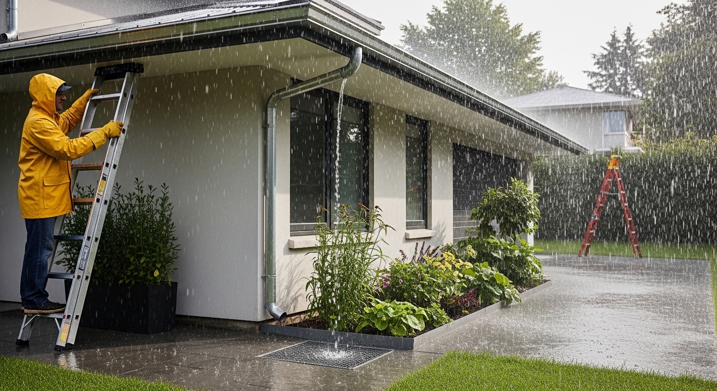 Casa moderna em dia de chuva intensa com calhas limpas e jardim de chuva