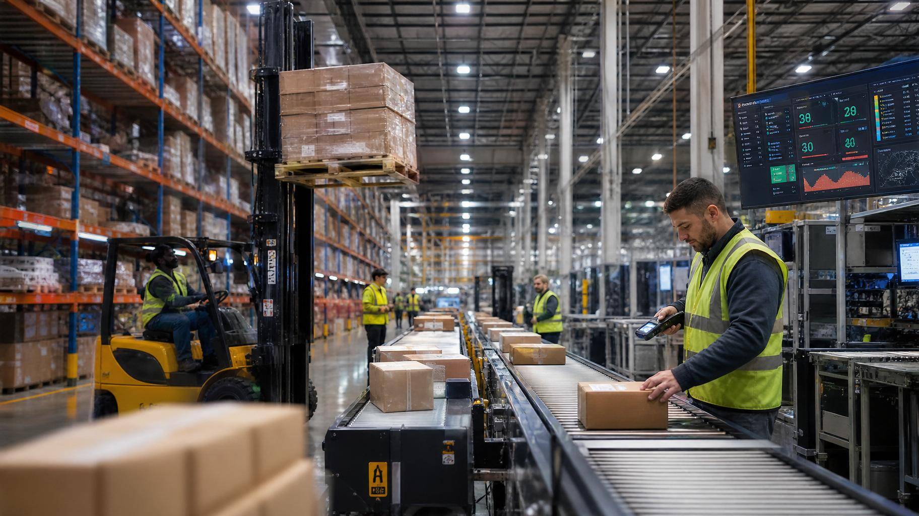 Armazém moderno de e-commerce com movimentação de cargas eficiente