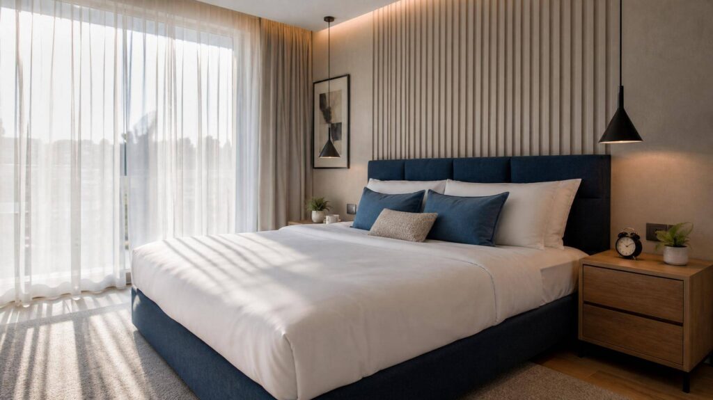 Quarto minimalista organizado com cama box e luz natural