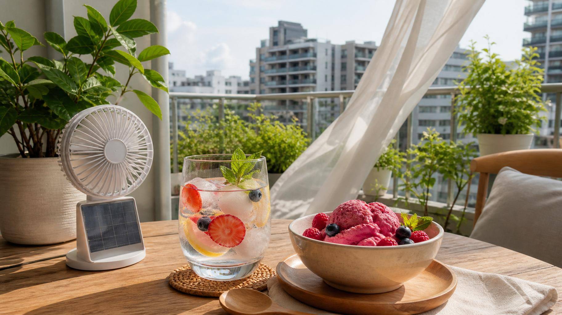 Mulher aproveita verão urbano com sorbet caseiro e água saborizada no terraço